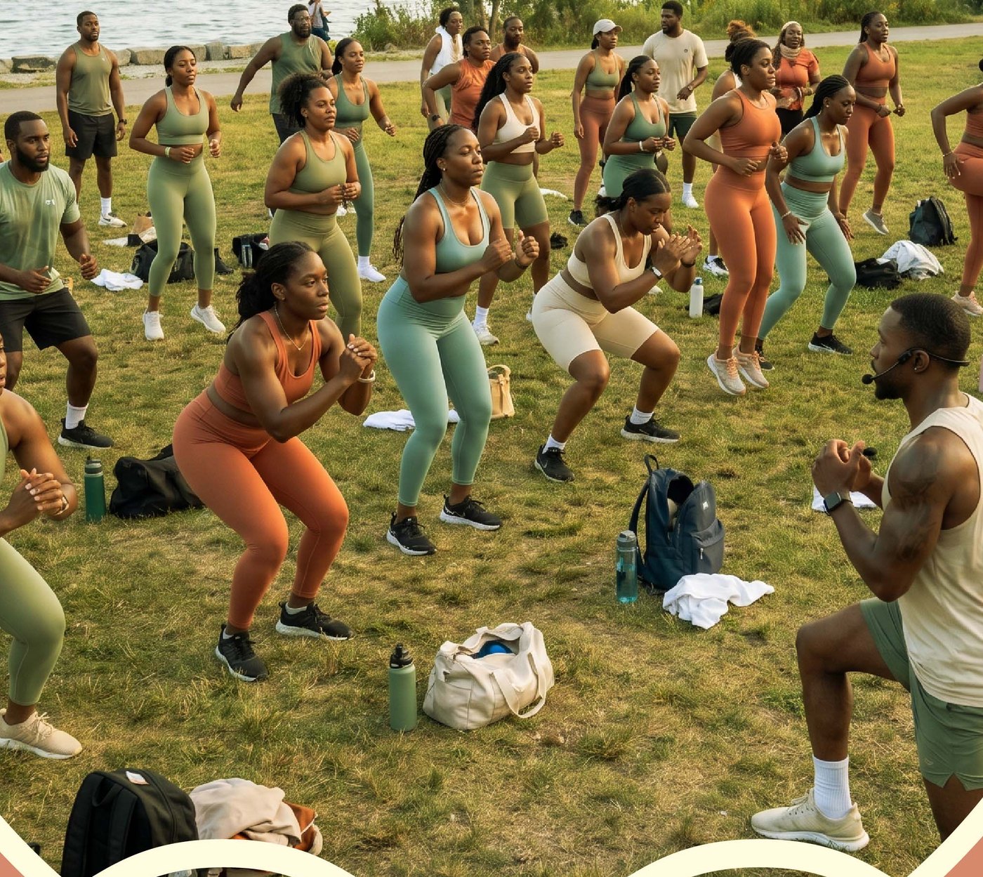 A community wellness class on the beach at Toronto Island